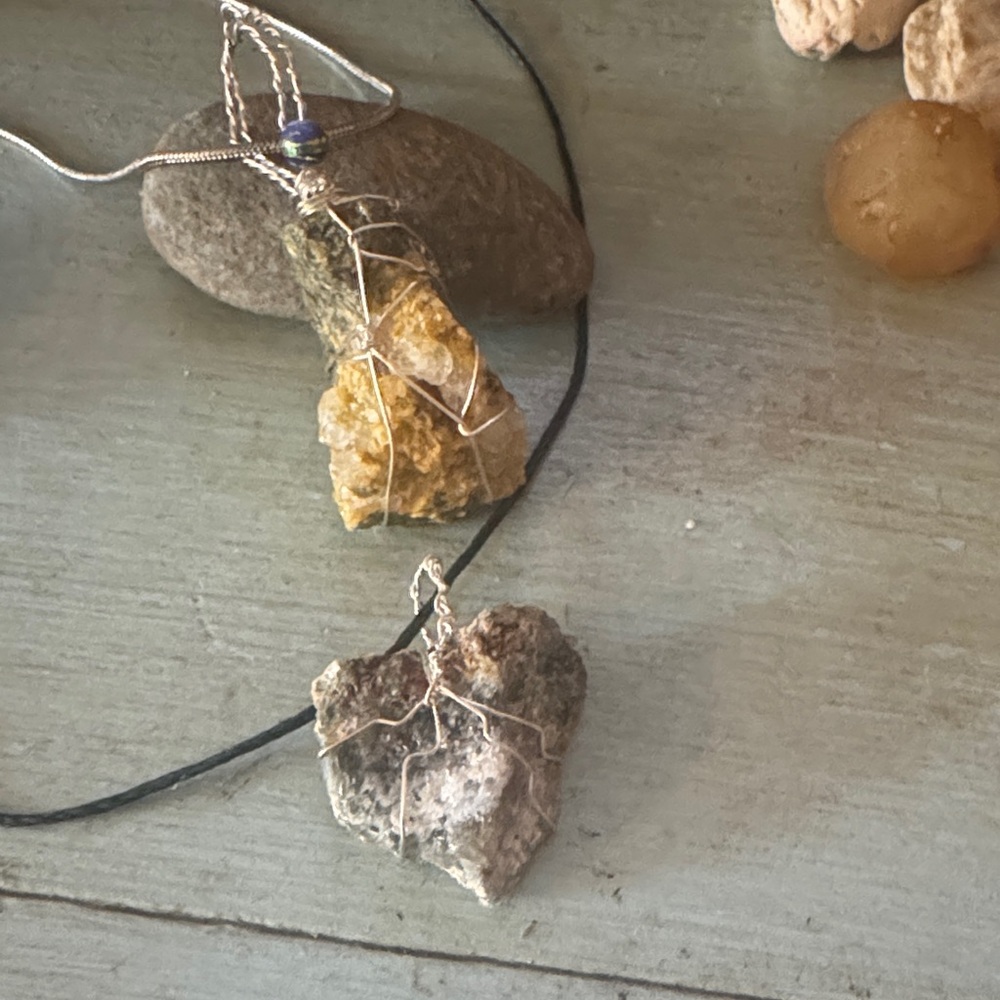 Silver and Gold Wire-Wrapped Stone Pendant Necklaces (Lover’s Set?)